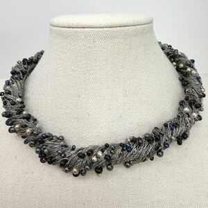 Wire Wrapped Pearl Beaded Statement Necklace Black Silver‎ Toned Artsy Bold